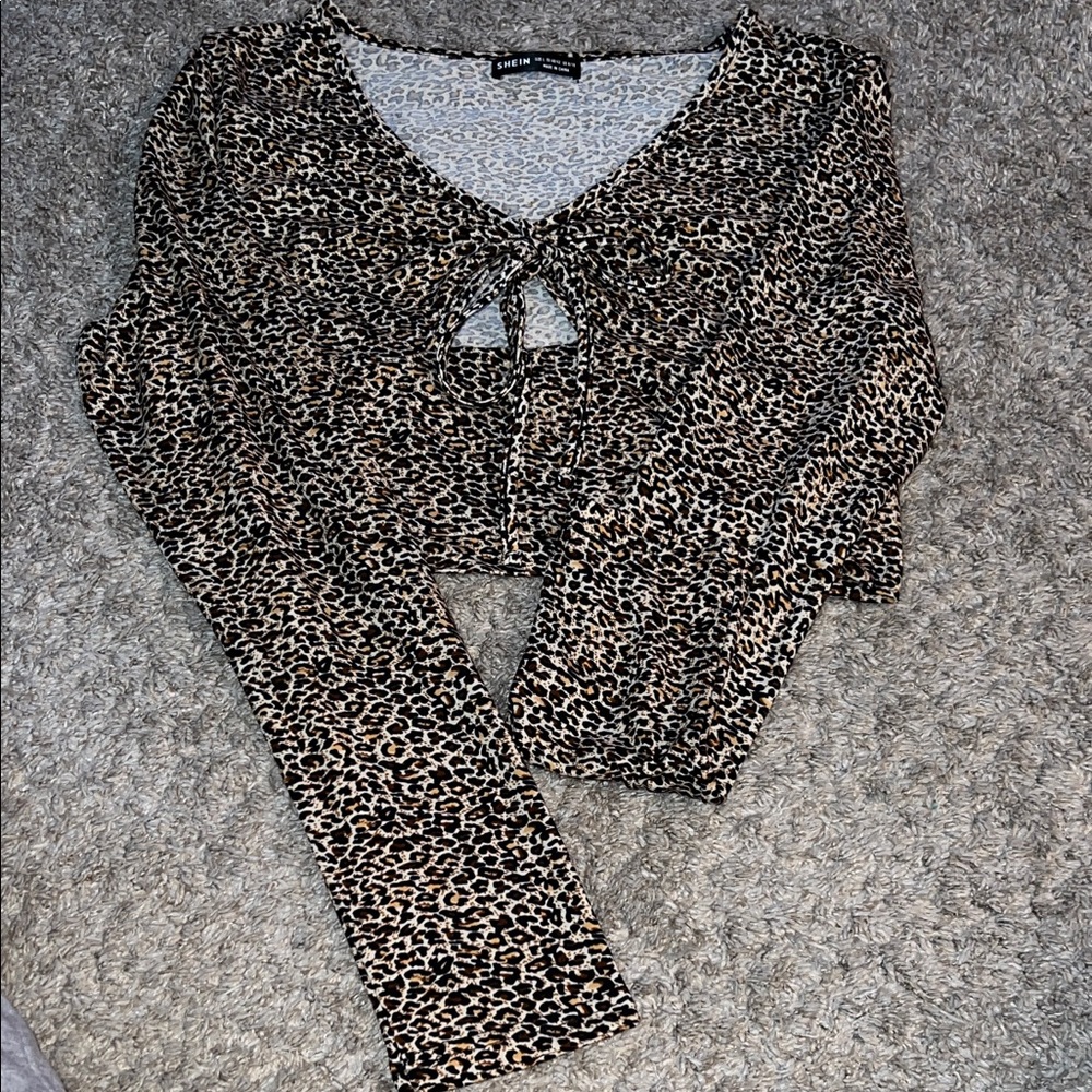 SHEIN Leopard Tie-Front Long Sleeve Crop Top - Brown Black Cream